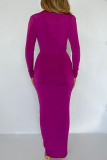 Purple Sexy Solid Patchwork Slit Fold Asymmetrical V Neck One Step Skirt Dresses