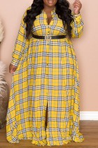 Желтое Повседневное Платье-рубашка с отложным воротником и принтом в стиле пэчворк Платья больших размеров (без пояса)