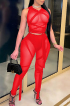 Красный сексуальный сплошной бинт в стиле пэчворк прозрачный с круглым вырезом без рукавов из двух частей