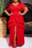 Красное повседневное сплошное платье с круглым вырезом и коротким рукавом с разрезом Платья больших размеров