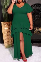 Зеленое повседневное сплошное платье с круглым вырезом и коротким рукавом с разрезом Платья больших размеров