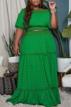 Patchwork solido casual verde fuori dalla spalla Plus Size Due pezzi