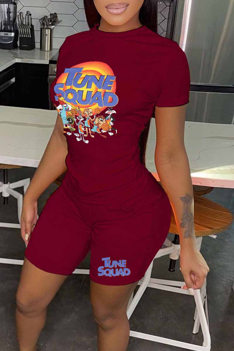 

Burgundy Casual Character Print Letter O Neck Short Sleeve Two Pieces