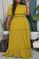 Jaune Casual Solid Patchwork Off The Shoulder Plus Size Two Pieces