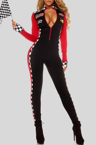 Black Street Sportswear Print Patchwork Zipper Collar Skinny Jumpsuits