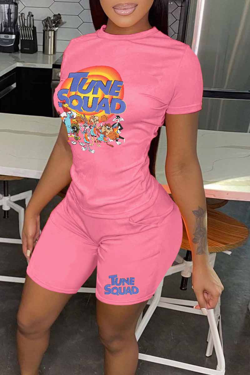 

Pink Casual Character Print Letter O Neck Short Sleeve Two Pieces