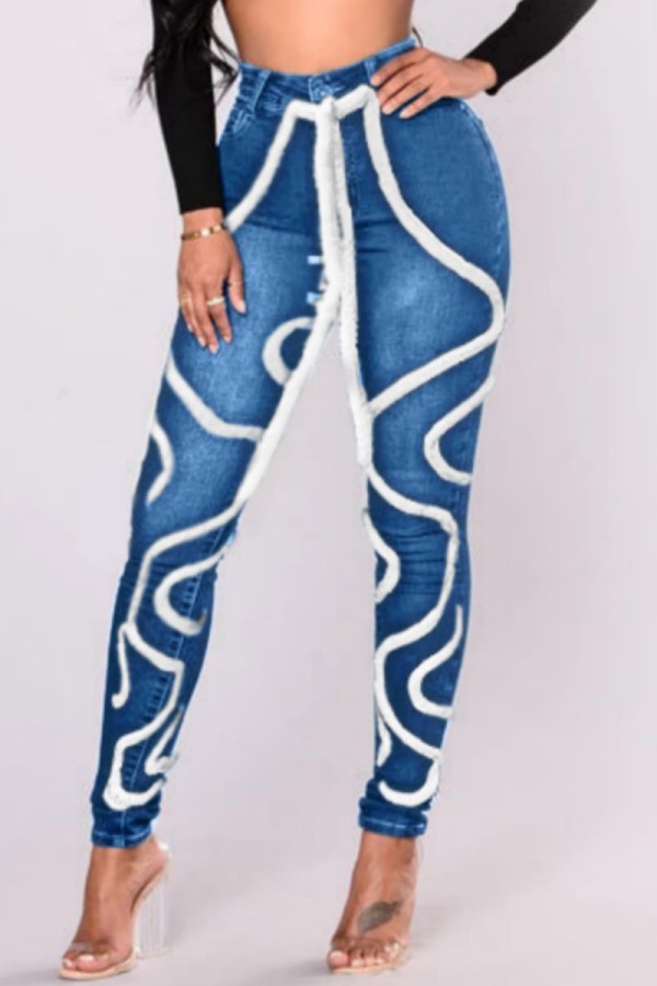 Hellblaue, lässige, solide Patchwork-Denim-Jeans mit mittlerer Taille