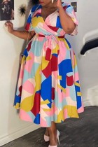 Многоцветное повседневное принт Базовое платье с V-образным вырезом и короткими рукавами Платья больших размеров