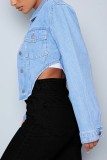 Blaue, lässige Patchwork-Jeansjacke mit asymmetrischem Turndown-Kragen und langen Ärmeln
