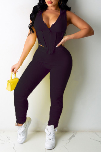 Black Sexy Solid Patchwork Asymmetrical Zipper Hooded Collar Sleeveless Two Pieces