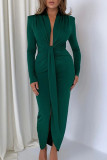 Vestidos de falda de un paso con cuello en V asimétrico con escote en V sólido sexy verde