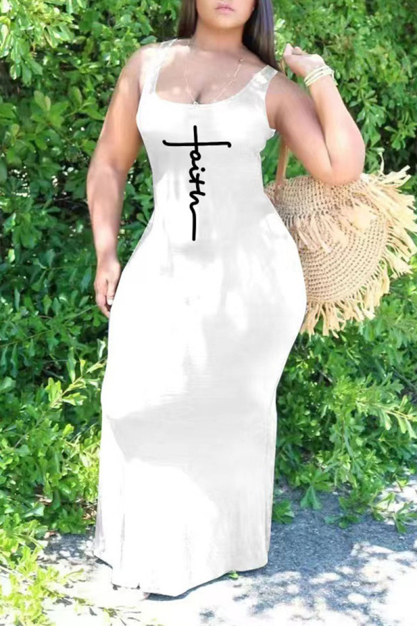 Weißes Casual Print Patchwork U-Ausschnitt Weste Kleid Plus Size Kleider