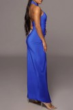 Синее сексуальное однотонное длинное платье с открытой спиной и разрезом на шее, длинное платье