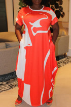 Oranje casual print Basic O-hals jurk met korte mouwen Grote maten jurken
