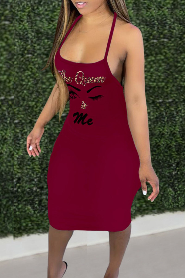 Burgund Sexy Casual Print Backless Spaghetti Strap Sling Dress Kleider