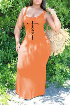 Оранжево-красное повседневное платье с принтом в стиле пэчворк и U-образным вырезом Платья больших размеров