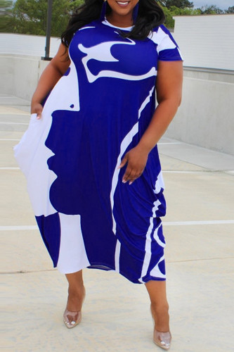 Blue Casual Print Basic O Neck Short Sleeve Dress Plus Size Dresses