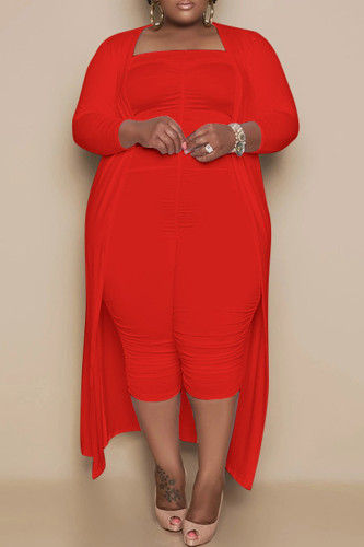 Red Casual Solid Basic Plus Size Two Pieces