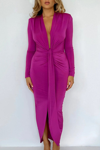 Purple Sexy Solid Patchwork Slit Fold Asymmetrical V Neck One Step Skirt Dresses