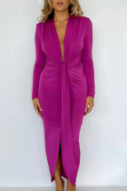 紫のセクシーな無地パッチワーク スリット フォールド非対称 V ネック ワン ステップ スカート ドレス