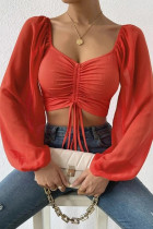 Top con scollo a V patchwork solido rosso elegante