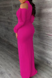 Rose Red Sexy Solid Bandage Hollowed Out Patchwork Backless Slit Straight Dresses
