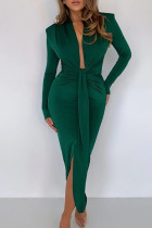 グリーン セクシー ソリッド パッチワーク スリット フォールド 非対称 V ネック ワンステップ スカート ドレス