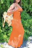 Orange Röd Casual Print Patchwork U Neck Vest Klänning Plus Size Klänningar
