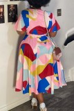 Многоцветное повседневное принт Базовое платье с V-образным вырезом и короткими рукавами Платья больших размеров