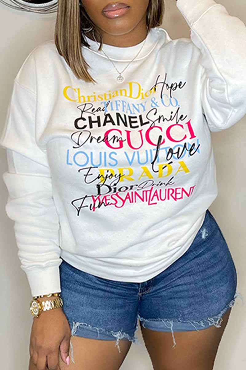 

White Casual Print Letter O Neck Tops