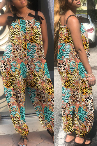 Leopard Print Casual Print Patchwork Spaghetti Strap Loose Jumpsuits