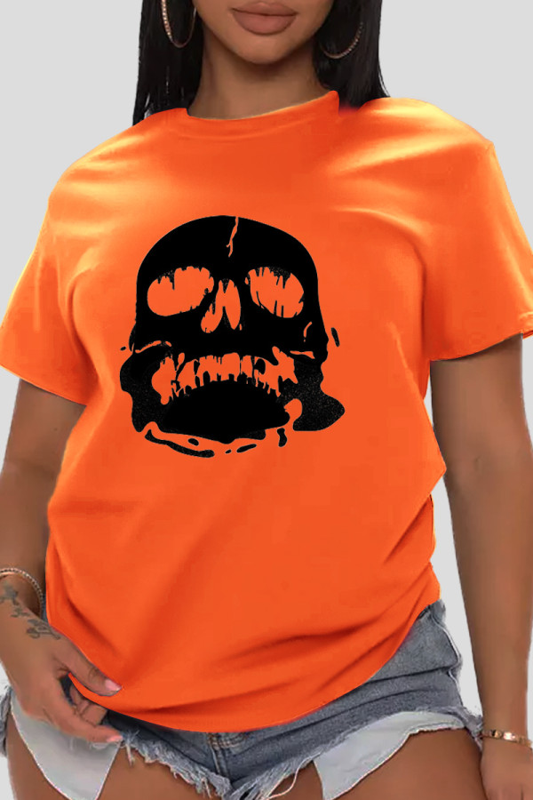 Оранжевые повседневные винтажные футболки с круглым вырезом в стиле пэчворк с черепом