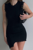 Coffee Sexy Solid Tassel O Neck Pencil Skirt Dresses