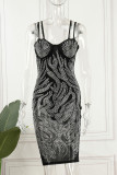 Black Sexy Hot Drilling See-through Backless Spaghetti Strap Enveloppé Jupe Robes
