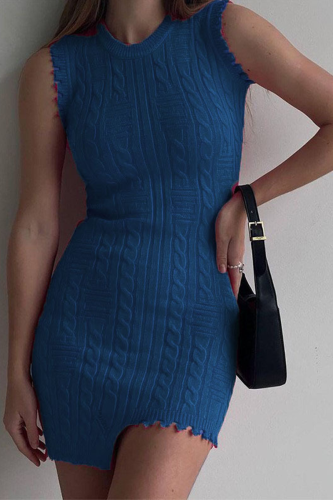 Navy Sexy Solid Tassel O Neck Pencil Skirt Dresses