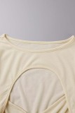 Абрикосовые сексуальные повседневные однотонные платья с круглым вырезом и длинными рукавами