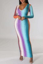 Vestidos de falda de un paso con cuello en U de patchwork con estampado de rayas sexy multicolor