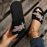 Zwarte casual patchwork effen kleur strass ronde comfortabele wedges schoenen (hakhoogte 1.97 inch)