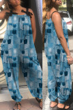 Diepblauwe casual print patchwork losse jumpsuits met spaghettibandjes