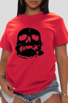 T-shirts à col rond en patchwork de crâne vintage quotidien rouge
