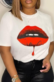 Zwart Casual Daily Lips Bedrukt Patchwork O-hals T-shirts