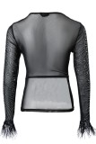 Blusas com decote O transparente em patchwork sexy preto