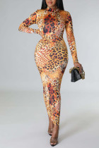 Леопардовый принт сексуальный принт пэчворк молния воротник юбка-карандаш платья