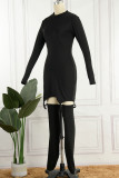 Черные сексуальные повседневные однотонные платья в стиле пэчворк с длинными рукавами и высоким воротником (с носками)