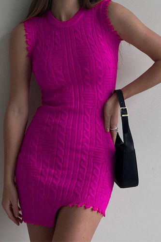 Rose Red Sexy Solid Tassel O Neck Pencil Skirt Dresses