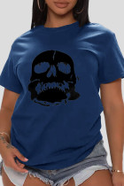Marinblå Daily Vintage Skull Patchwork O-hals T-shirts