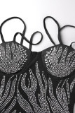 Schwarze sexy Hot Drilling durchsichtige rückenfreie Spaghetti-Träger-Kleider mit Wickelrock