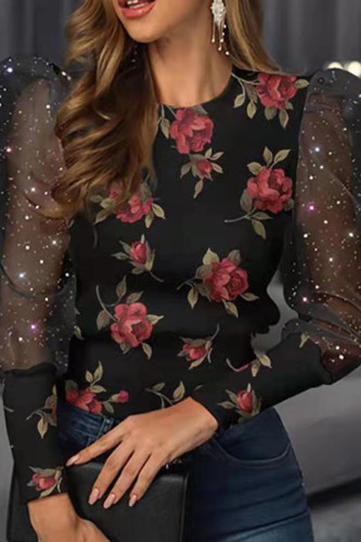 Rust Red Casual Print Patchwork O Neck Tops