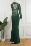 Vestido de noche de cuello alto transparente con perforación en caliente de patchwork formal sexy verde Vestidos