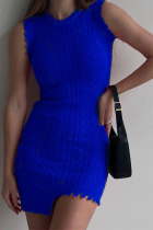 Blue Sexy Solid Tassel O Neck Pencil Skirt Dresses